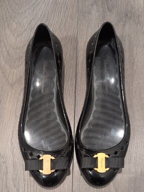 Salvatore Ferragamo Black Patent Bow Flats with Gold Plaque